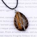 Tiger eye stone teardrop pendant with silver tree of life wire wrap and black cord - Tiger's Eye