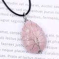 Handcrafted rose quartz tree of life wire wrapped water drop pendant with black cord - Rose Quartz