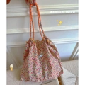 Floral canvas tote bag with orange rope handles and red yellow pink flower pattern - L / Red Orange Floral