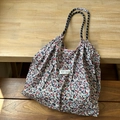 Floral cotton canvas tote bag with polka dot rope handles and Korean label on wood background - L / Purple Floral