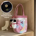 Rosa Cartoon-Canvas-Beuteltasche mit Bärenprint und süßem Plüschwelpen-Anhänger - Rosa Pummelbär Gitter (Mit Roter Schal Hund Anhänger) / Verstärkter Boden
