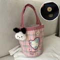 Rosa und blau karierte Leinwand Beuteltasche mit Herz Cartoon und Metall Magnetverschluss - Rosa Gitter Herz Hase (Mit Big Head Hund Anhänger) / Verstärkter Boden