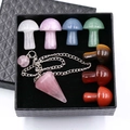 7 Chakra crystal mushroom set with pink quartz pendulum in a black velvet gift box - 7 Chakra Mushroom Pendulum Set
