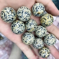 Polished 25mm Dalmatian Jasper natural stone round beads held in palm of hand - Dalmatian Jasper