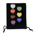 7 Chakra heart-shaped healing crystal set with golden symbols and black velvet storage pouch - Colorful Heart Shaped Chakra Stones Set (7Pcs With Bag)