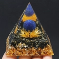 6cm Orgone pyramid with Lapis Lazuli ball, golden lotus and black obsidian stones - Lapis Lazuli Lotus Style