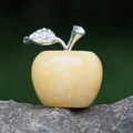 Amber-colored natural stone apple ornament with crystal-encrusted silver leaf - Topaz