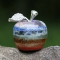 Seven-chakra natural gemstone apple ornament with a sparkling rhinestone leaf detail - Seven Chakra Layered Stone