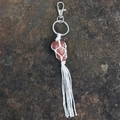 Handmade red jasper raw stone keychain with white woven cotton net and long tassel - Red Agate