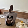 Borsa in tela grigio chiaro con anelli in legno e decorazioni di orsacchiotti peluche - Decorazione Cane in Peluche 3D - Grigio