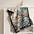 Vintage oil painting style landscape jacquard scarf with tassels on display - 180*65cm / White and Blue