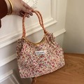 Sac fourre-tout en toile à fleurs avec motifs colorés et anses en corde tressée - S / Floral Rouge Orange