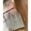 Floral canvas tote bag with colorful flower patterns and blue braided rope handles - L / Green Floral