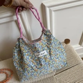 Sac fourre-tout en toile à fleurs avec poignées en corde rose et style coréen - S / Vert Fleuri