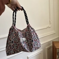 Sac fourre-tout en toile à motif floral rouge et bleu avec poignées en corde tressée - S / Floral Violet
