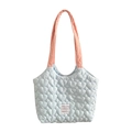 Light blue heart-quilted canvas tote bag with pink straps and square logo patch - Blue (Pink Strap)