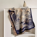 Thick jacquard scarf with landscape pattern and fringe hanging on a bookshelf - Dark Blue (YH-188)