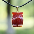 Natural red agate owl shaped pendant necklace with gold clasp and black cord - Owl