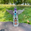 Chakra Seven Stone Angel Wings Pendant in silver finish with natural stone beads - White Crystal