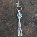 Blue raw crystal keychain with white hand-woven macrame mesh and long fringe tassel - Kyanite