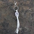 Handmade macrame rose quartz raw stone keychain with white cotton cord tassel - Light Amethyst