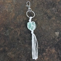 Handmade key chain with light green sea glass wrapped in white woven cotton rope - Fluorite