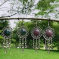Dreamcatcher drop earrings with natural agate crystals in green and purple gemstone styles - Ocean Jasper