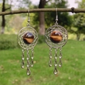 Bohemian dreamcatcher drop earrings with silver metal and brown tiger eye stone beads - Tiger's Eye