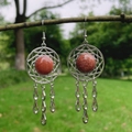 Ethnic dreamcatcher earrings with red sandstone and silver teardrop pendants - Red Goldstone (Synthetic)