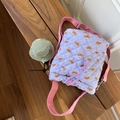 Quilted purple crossbody bucket bag featuring cartoon bear prints and pink strap - Taro Purple (Bear Print) + Green Hat Accessory