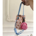 Quilted bucket bag in pink with cartoon bear and cherry prints and blue strap - Light Pink (Cherry Bear) + Pink Hat Accessory
