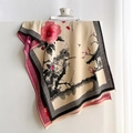 Vintage plum blossom ink painting pashmina shawl with floral patterns and black tassels - Beige Ink Floral (Black Border) / 186cm