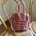 Pink lamb velvet tote bag with wonder natural red embroidery and striped handle strap - Pink Wonder Embroidery Style / Watermelon Pink