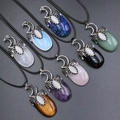 Retro crescent moon pendants with various natural healing stones on black cord necklaces - Random 1pc