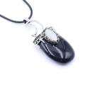Blue sandstone pendant with silver crescent moon and opal on a black cord necklace - Blue Goldstone (Synthetic)