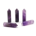 Set of five natural purple amethyst hexagonal crystal points with white stone veins - Amethyst