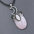 Vintage rose quartz pendant necklace with silver moon detail and black leather cord - Rose Quartz