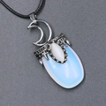 Vintage silver moon pendant with opal stone and black woven cord for women and men - Synthetic Opal