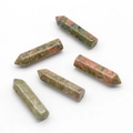 Five hexagonal Unakite crystal points with natural green and pink mottled patterns - Unakite