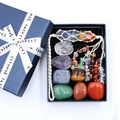 Chakra healing crystal set with raw stones and woven pendant in a blue gift box - Energy Crystal Pendant Set in Gift Box
