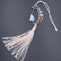 Pendente luna boho con pietre chakra, cristallo bianco e nappe di cotone bianco - Acquamarina