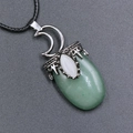 Retro silver crescent moon necklace with a large oval translucent green stone pendant - Green Aventurine