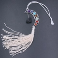 Moon-shaped chakra wall hanging with seven stones and white cotton tassels decoration - Black Tourmaline