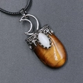 Retro crescent moon pendant with teardrop tiger eye stone on black woven cord necklace - Tiger's Eye