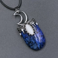 Vintage silver crescent moon pendant with oval blue stone and opal on black cord - Lapis Lazuli