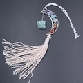 Moon-shaped chakra hanging pendant with raw stones and white cotton tassels - Green Aventurine
