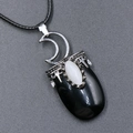 Antique silver moon pendant necklace with black oval stone and opal on wax cord - Obsidian