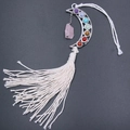 Chakra gemstone moon ornament with rose quartz and boho white cotton tassels - Rose Quartz