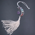 Chakra gemstone pendant with moon metal frame and off-white cotton tassel ornament - Purple Crystal