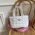 White heart quilted tote bag with pink adjustable shoulder strap and fashion label - Single Bag / Off White